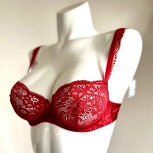 Vintage Lou from Paris, France, Satin & Lace Underwire Red Bra NWT